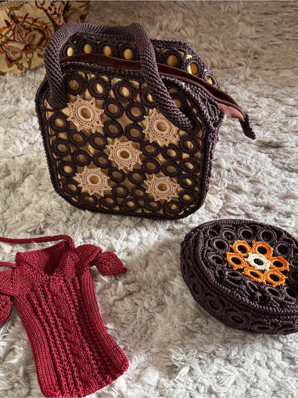 Handcrafted Brown Crochet Tote set of 3